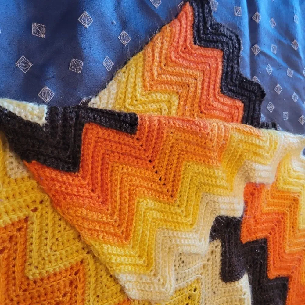 Vintage 70s Afghan Crochet Handmade Orange & Brown Chevron Knit Blanket Throw